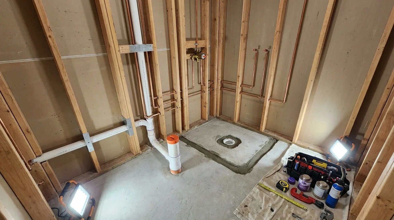 Bathroom rough-in plumbing during remodel by Johns Plumbing LLC in Gambier