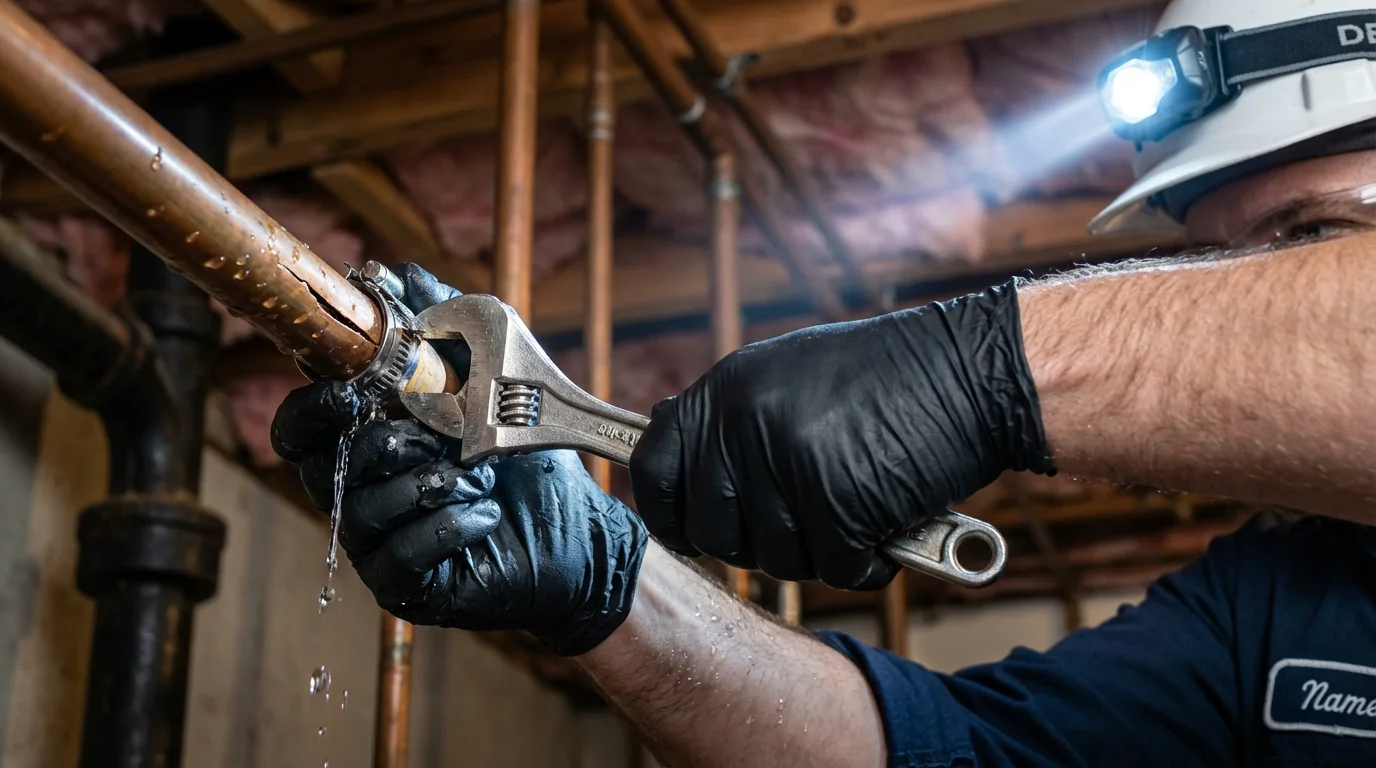 Emergency pipe clamp repair being performed by a Johns Plumbing LLC plumber in Gambier