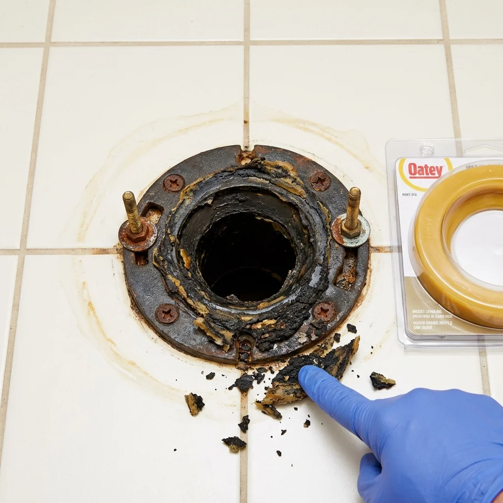 Failed wax ring showing water seepage at the base of a toilet in a Gambier, OH home